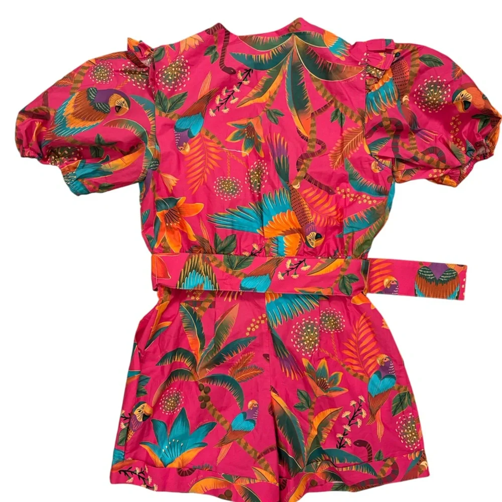 FARM Rio Macaw Party Pink Belted Puff Sleeve Romper - Picture 4 of 12